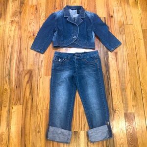 DKNY JEANS 2  piece  SET OUTFIT denim suit  jean capri w Jacket L 7 Y2K 00's